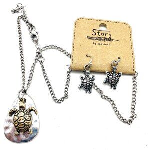 Turtle Necklace and Earrings Set Silver Tone Pendant Drop Dangle Jewelry DAVINCI